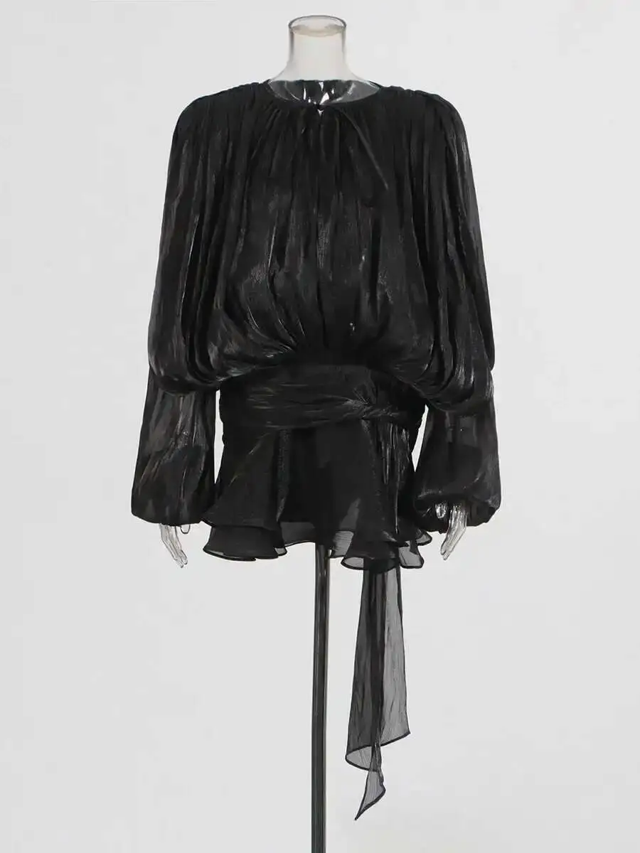 Fashion Elegant Ruched Mini Dress For Women Round Neck Lantern Long Sleeve High Waist Temperament Dresses Female Fashion P4CE