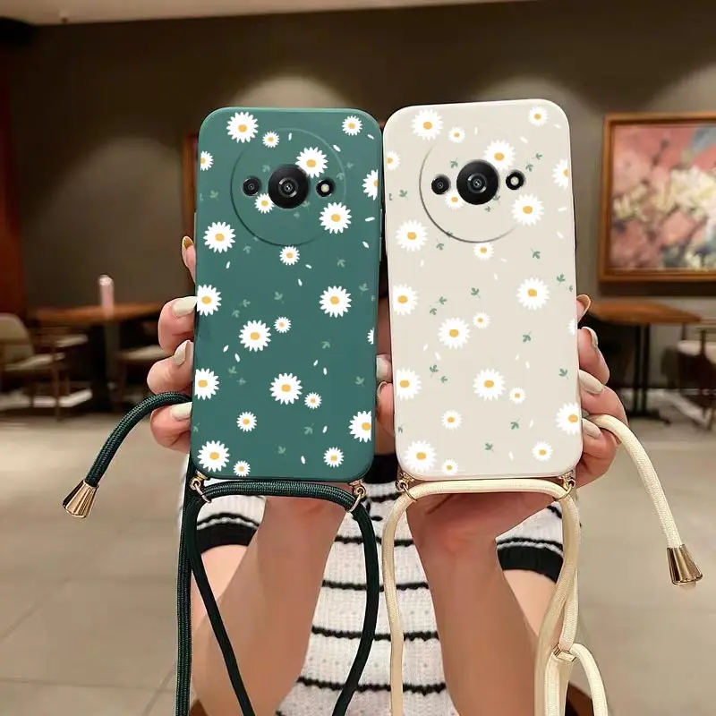 A3 Deciduous Daisies Lanyard New Silicone Phone Case For Xiaomi Redmi A3 Shatterproof Camera Protection Redmi A3 Soft Back Cover