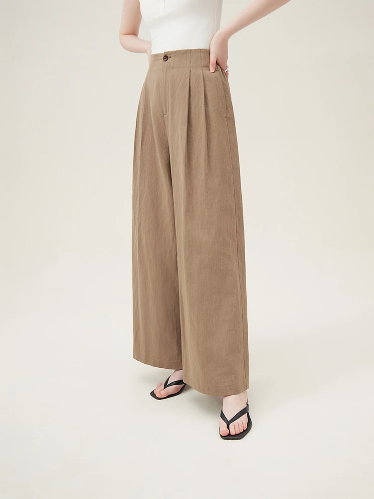 FSLE Summer Cotton Linen Women Khaki Full Length Trousers Back Elastic Waist Summer Thin Pants Female Wide Leg Trouser 24FS18028