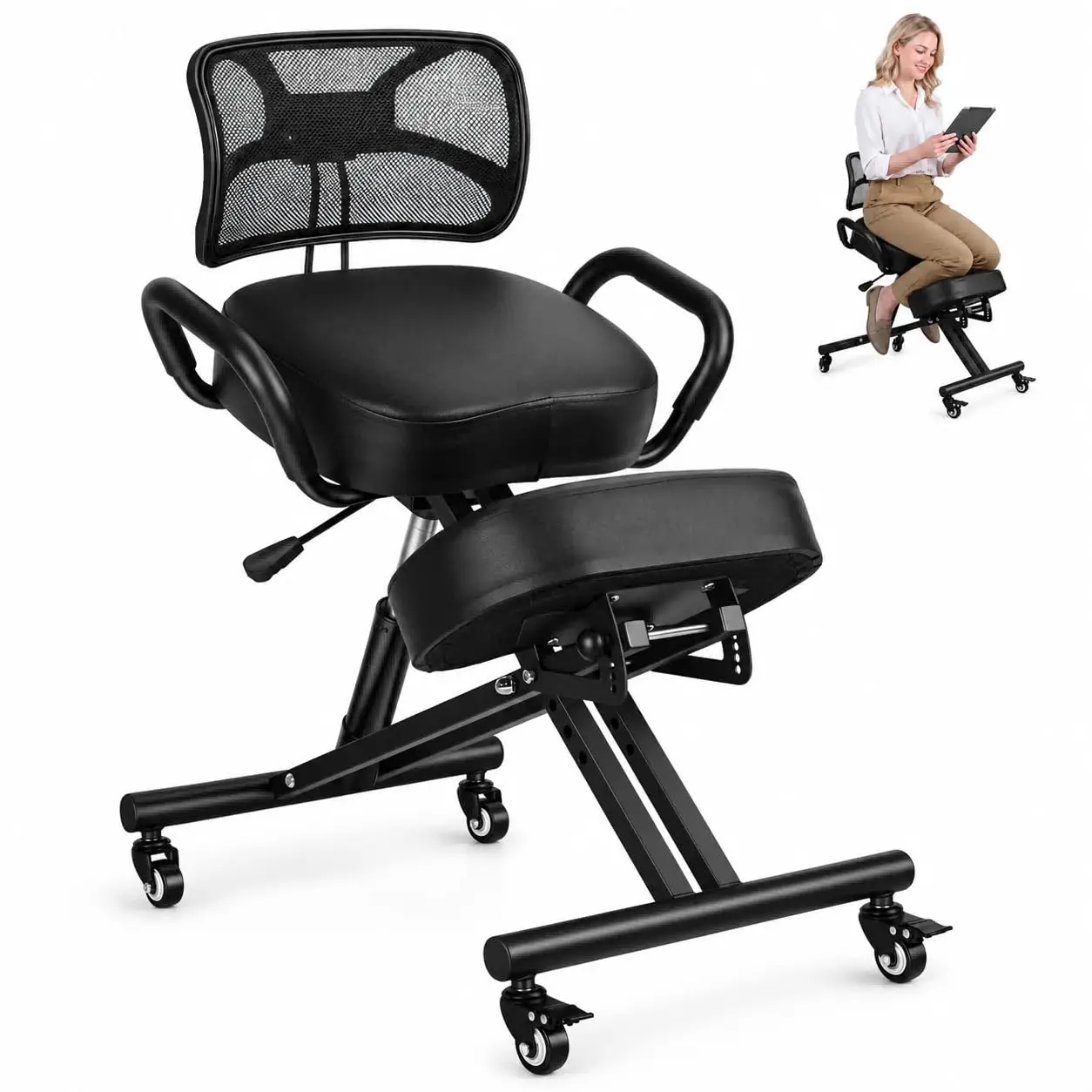 Ergonomic Kneeling Chair with Back Support, Height Adjustable Kneeling Office Chair with Wheels, Posture Correction