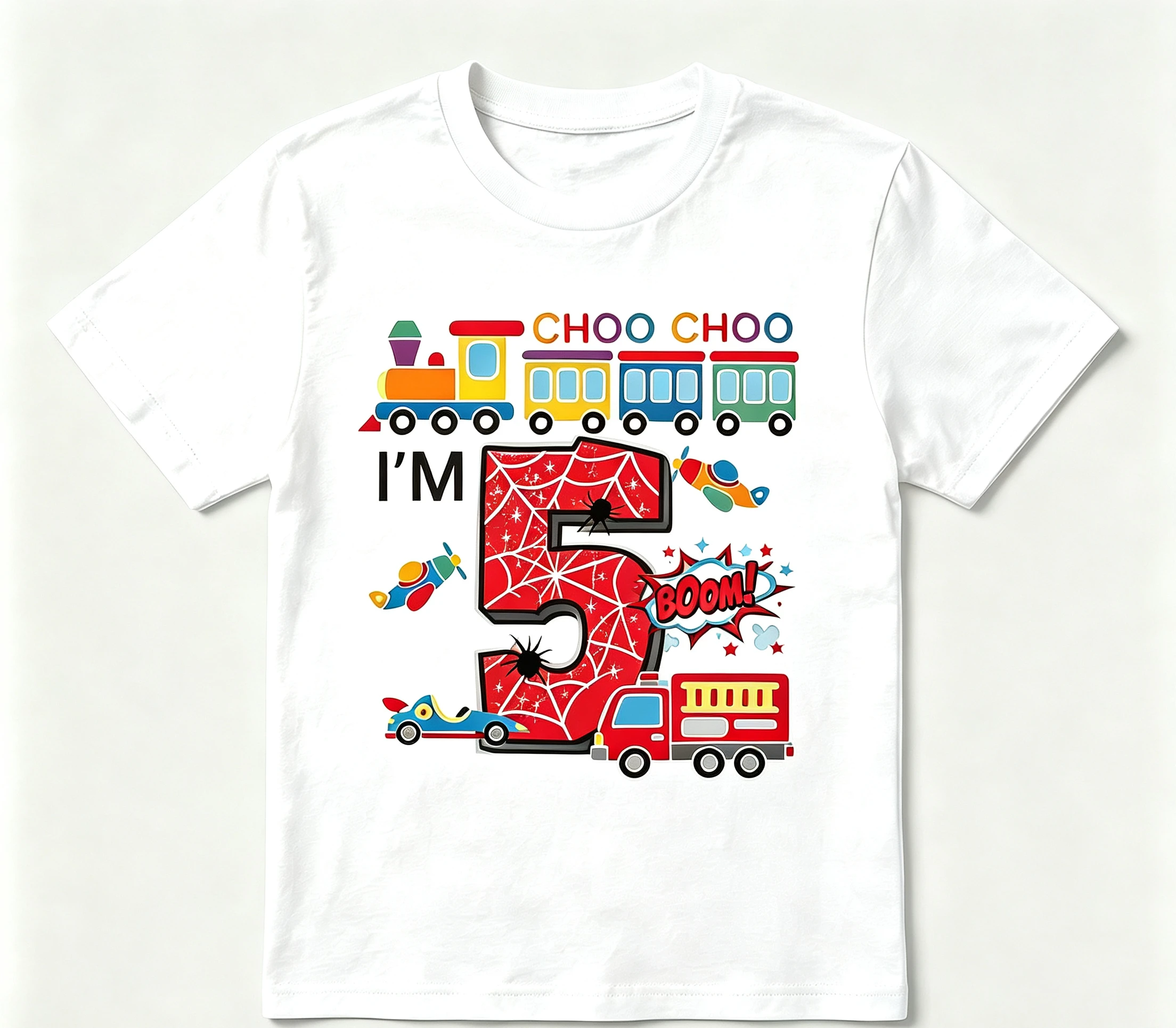 Kids' birthday T-shirt, spider web print with numbers for ages 1-10, train-themed party tee, fun gift for kids' birthday party
