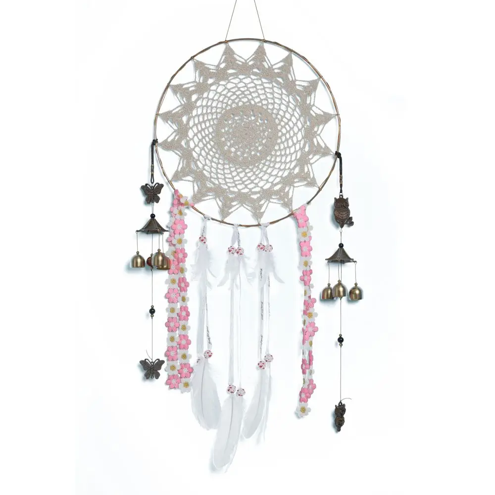 

White Feather Dream Catchers Dangling Butterfly Owl Wind Chimes Gold Plating Metal Ring Hoop Dreamcatchers Large Hanging Decor