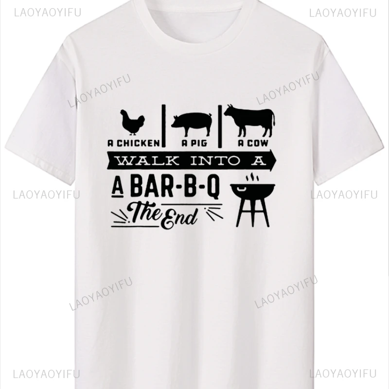 A Chicken Pig Cow Walk Into Barbecue BBQ printed T Shirts Funny Men Summer Cotton t-shirt Harajuku Short Sleeve Streetwear tees