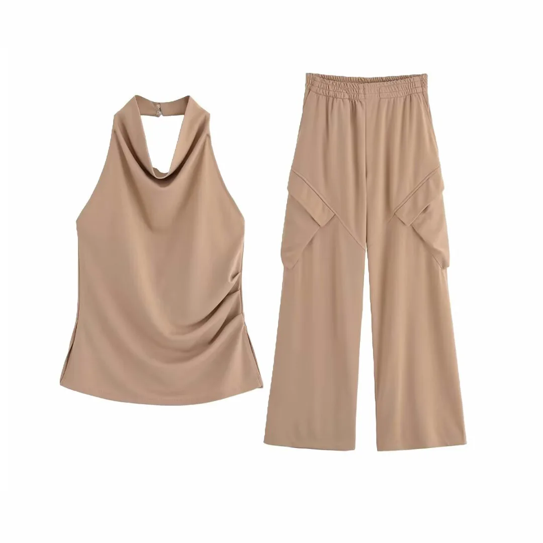

Elastic Waist Pants Set Women 2 Pieces Backless Halter Top Lady Pocket Trousers Two Piece Female Outfit Wide Leg Pant Set