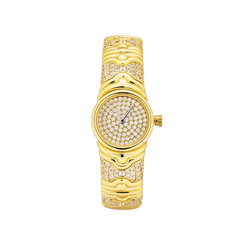 CAMEO Fine Jewelry Gold-Plated Bangle Watch Synthetic Zirconia Dial Wave Textured Band Luxury Watch for Women Vintage Watch