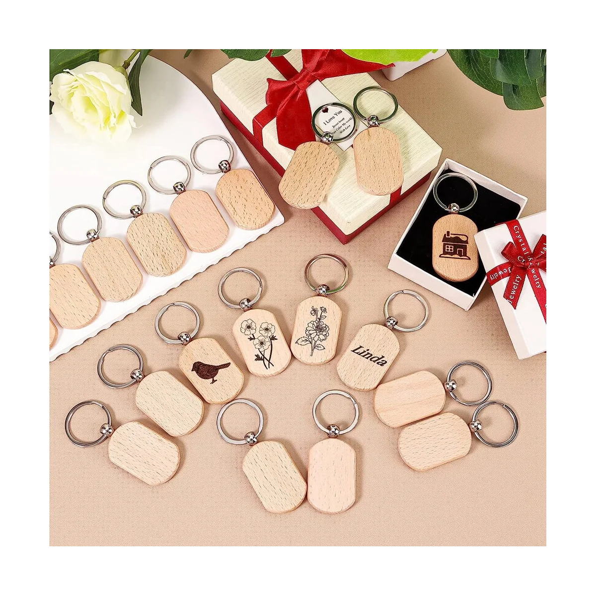 110PCS Wood Keychain Blanks, Unfinished Wood Key Tag, Wood Engraving Blanks Key Chain For DIY Crafts-Rounded Square