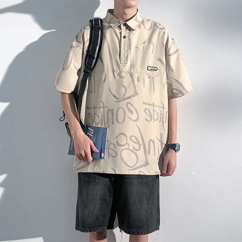プラスサイズのメンズポロシャツヴィンテージレター Tシャツカジュアルポロネック夏のファッション Tシャツボタンルーズ半袖トップス服