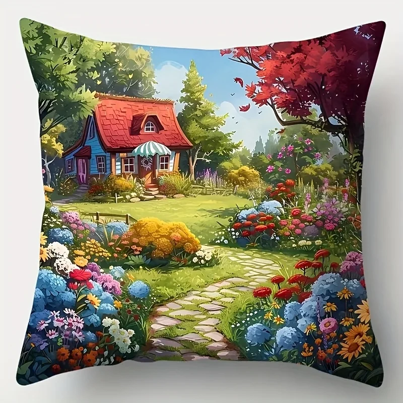1pc 2D Flat (Pillow Not Included) Idyllic Cottage Garden Flower Landscape Cushion Cover Short Plush Countryside DecorThrowPillow