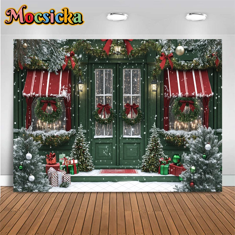 Mocsicka 크리스마스 녹색 집 배경 사진 겨울 눈송이 파티 사진 배경 활 화환 나무 문 장식 배너