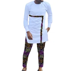 Men's Patchwork Shirt White Long Sleeve Tops+Dashiki Trousers Custom Pant Suits African Print Party Wear