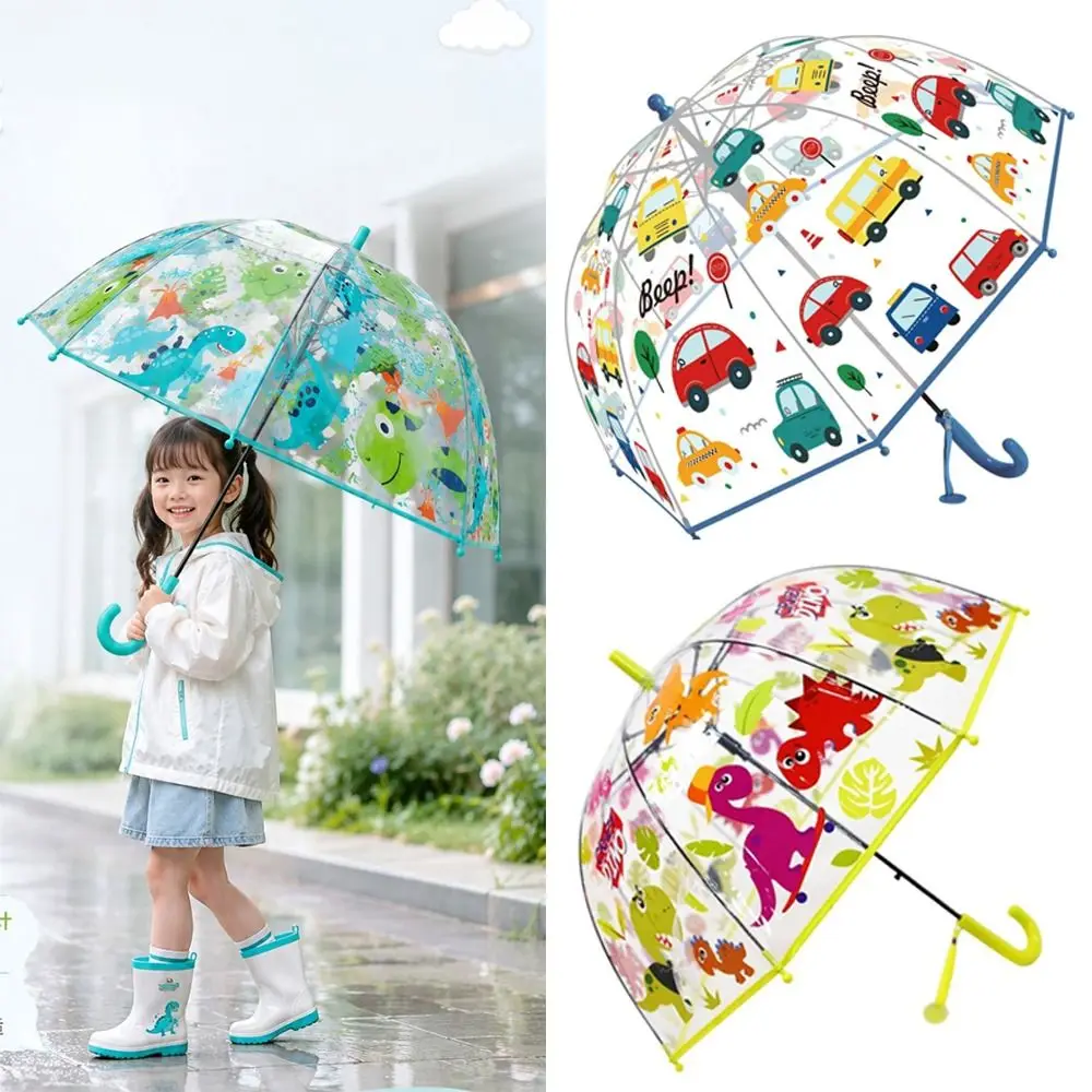 Colorful Transparent Dome Umbrella Cartoon Animals Easy Grip Hook Kids Umbrella Non-Slip Grip Bubble Umbrella Toddlers