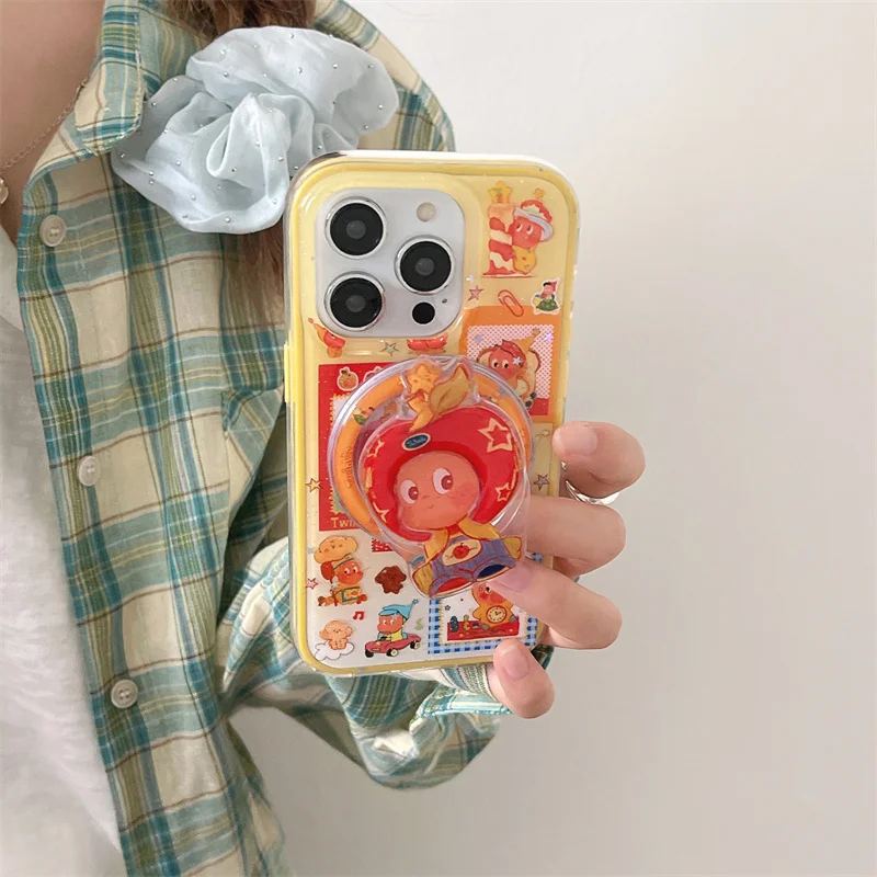 

Kawaii Cartoon Magnetic Phone Case For iPhone 16 Pro 15 14 13 Pro Max Shockproof Cover with Magsafe Stand Holder Hard Cases Capa