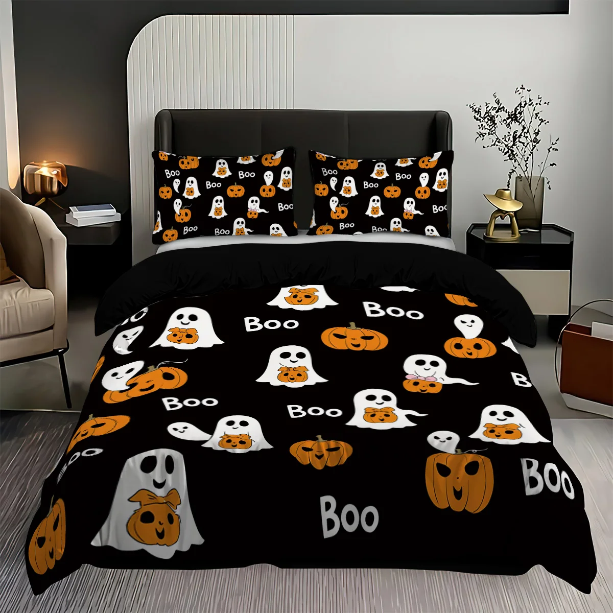 3-piece Halloween themed black cute ghost pattern duvet cover set, 1 duvet cover+2 pillowcases, coreless
