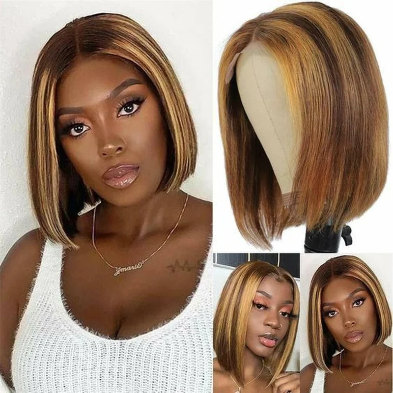 Short Straight Blonde Brown Lace Front Brazilian Human Hair Wig Glueless Wig