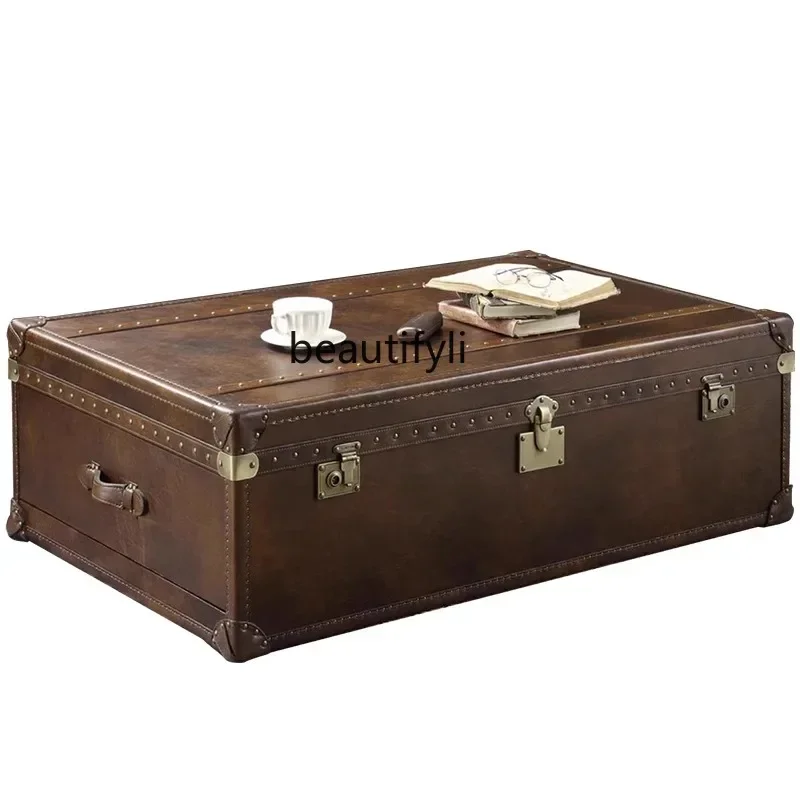 

American retro leather coffee table decorative cabinet, ancient style homestay oil wax leather suitcase coffee table