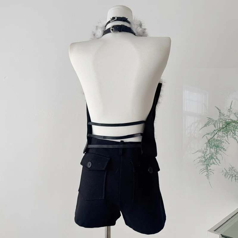 2025 New Gradient Color Halter Neck Sleeveless Vest Backless Fashion Sexy Waistcoat Faux Fur Buckle Tops Vest Women