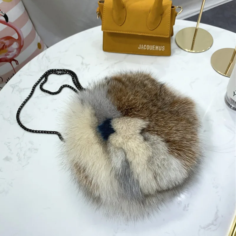 Real Fox Fur Small Round Bag Women Single Shoulder Bag Natural Colorful Fur Bag Handbag For Women Real Leather Evening Party Bag