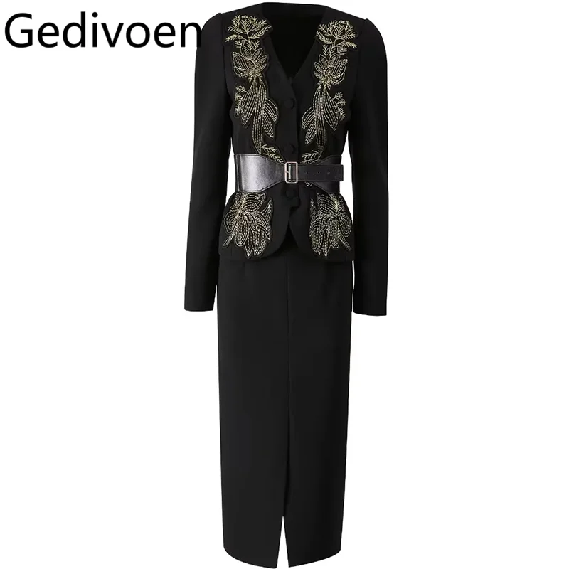 Gedivoen Autumn Winter Elegant office and Business Suit V-Neck Lace-Up Embroidery Top+Pretty Slim-Fit Hip Wrap skirt 2 piece set