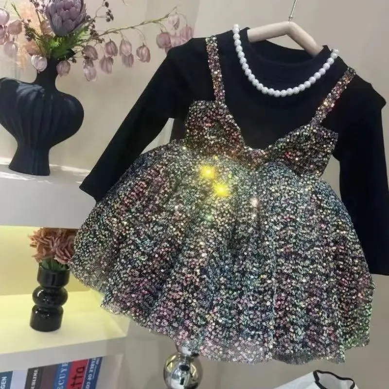 Girls\' Dress Spring and Autumn New Fashionable Children\'s Long Sleeve Mesh Princess Dress Baby Birthday Dress