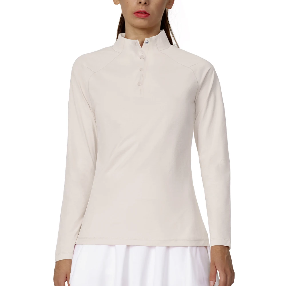 

UPF 50+ Women Tennis Shirt Sportswear Breathable Women's Mid Neck Buttoned Golf Long Sleeve Top Sun Protection Clothing Durable