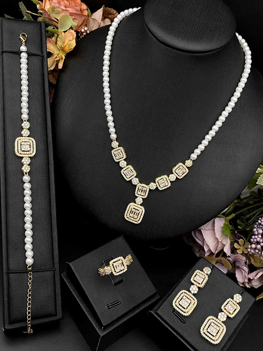 Falair Square Zircon Imitation Pearl Jewelry Set 4Pcs, Anti-Tarnish Luxury Copper Plated Jewelry, Mother's Day Birthday Gift Box