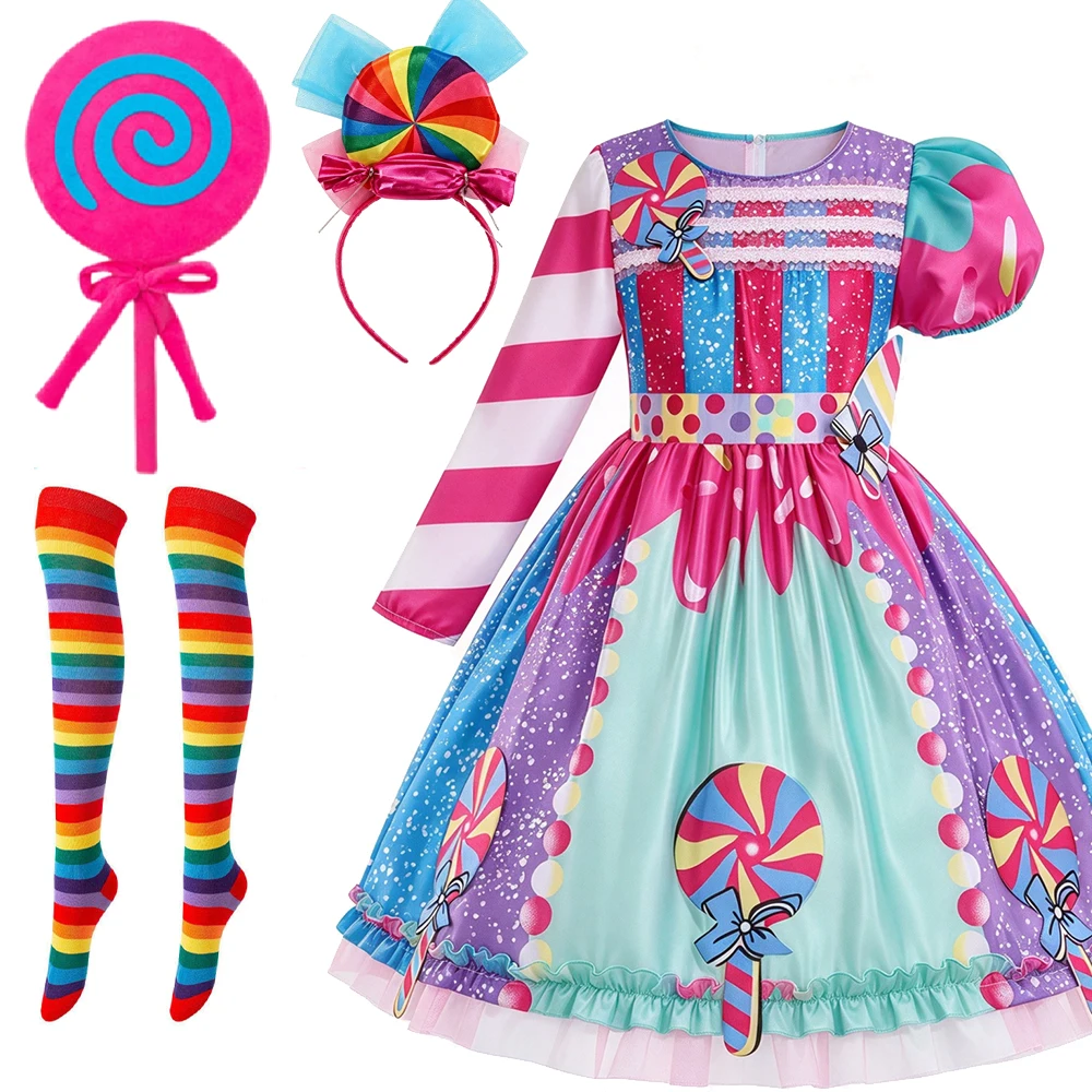 2026 Kinder Purim Verkleidung Regenbogen-Süßigkeitenkleid mit Stirnband Lollipop Cosplay Kostüm Kinderkleid Geburtstag Karneval Party Geschenk – Detail 9