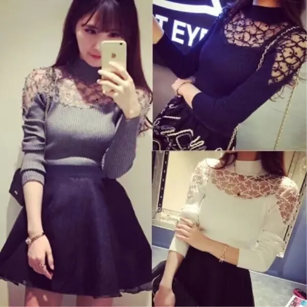 Sexy Spitze Blume Volle Hülse T-shirt 2025, Frühling Herbst Elastizität Schlank Rollkragen Langarm-shirt Büro Dame Elegante Bluse