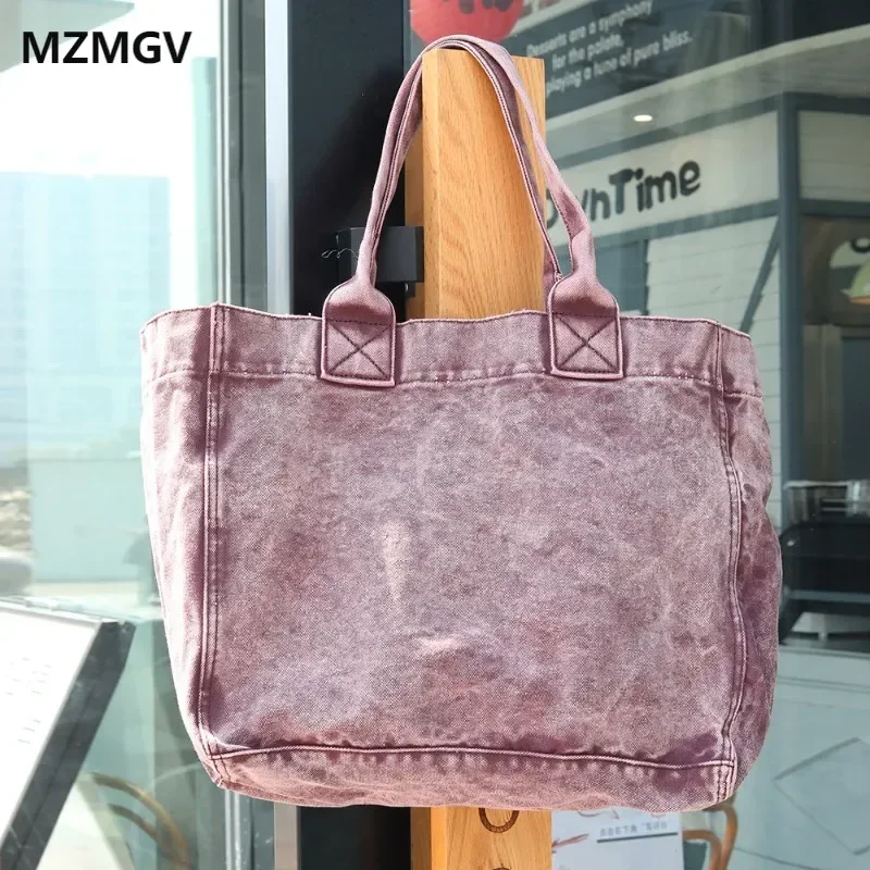 

2025 Summer Vintage Washed Denim Large Capacity Shopping Tote Bag for Women Female Shoulder Bags Commuting Class Handbag
