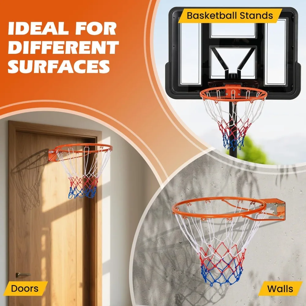 15/18 Inch Basketball Rim Replacement with All-Weather Net, Rust-Resistant Hoop for Wall/Door Mounting Indoor Outdoor Use