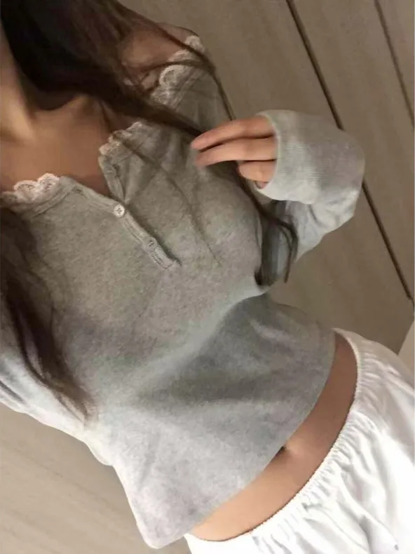   Sle Sweet Cool Lace Patchwork Long Sve Top oulder Bared Or Normal Wear Temporada de otoño Camiseta de mujer ort Le...