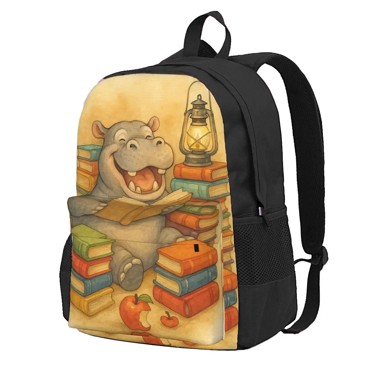

A Funny Hippopotamus Is Reading A Book Backpack School Bag Hiking Travel Daypack for Boys Girls Fashion Bookbag Shoulder Bags