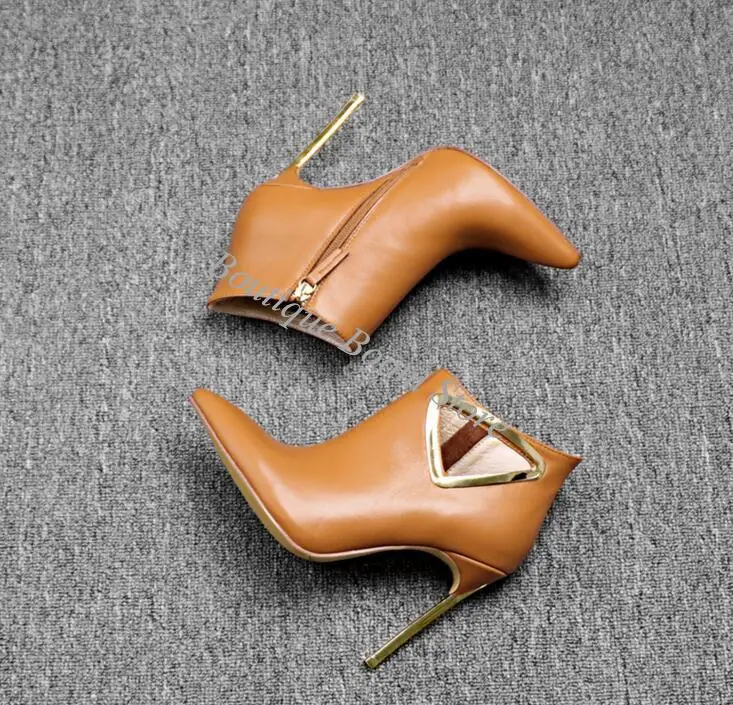 Gold Metal Triangle Cutout Fuchsia Rose Suede Ankle Boots Blade Metal Heel Peep Toe Black Leather Boots Thin Heels Booties