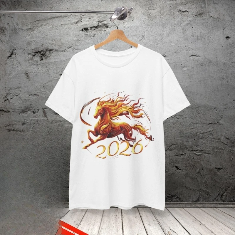 2026 Lunar New Year Chinese Zodiac Crewneck Tee Horse Fire Unisex Printed T-shirt Tops Casual Style Fashion Cotton Short-sleev