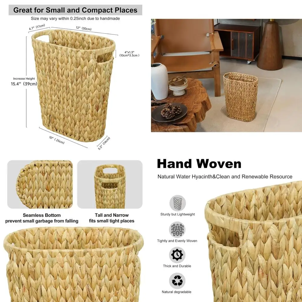 

Wicker Trash Can,Bathroom Trash Can,Water Hyacinth Wicker Waste Basket for Bathroom,Handwoven Narrow Small Waste Basket for Bedr