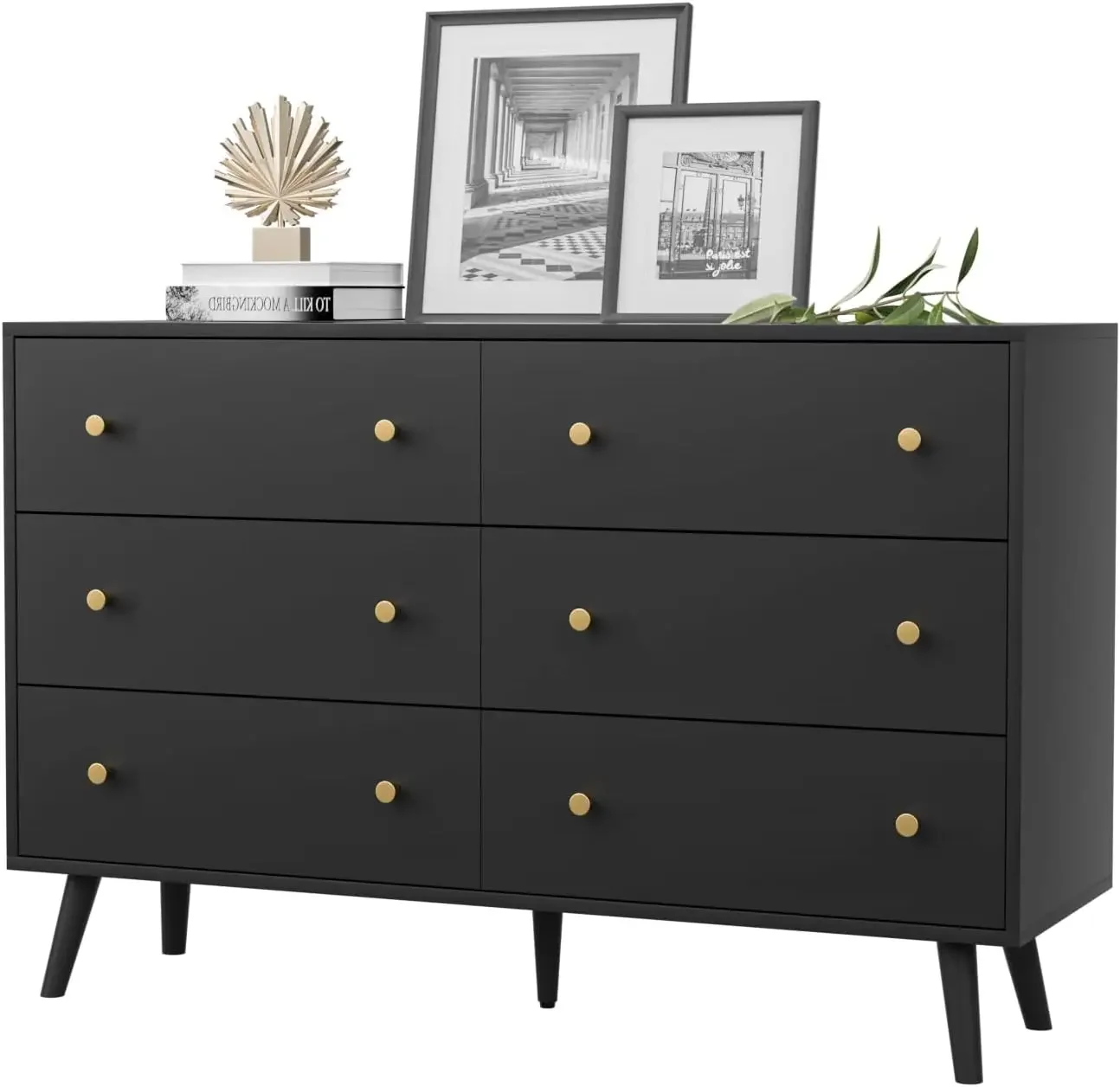 Black Dresser for Bedroom, Modern 6 Drawer Dresser, Wide Chest of Drawers with Gold Handles, Wood Double Dresser Storage Cabinet