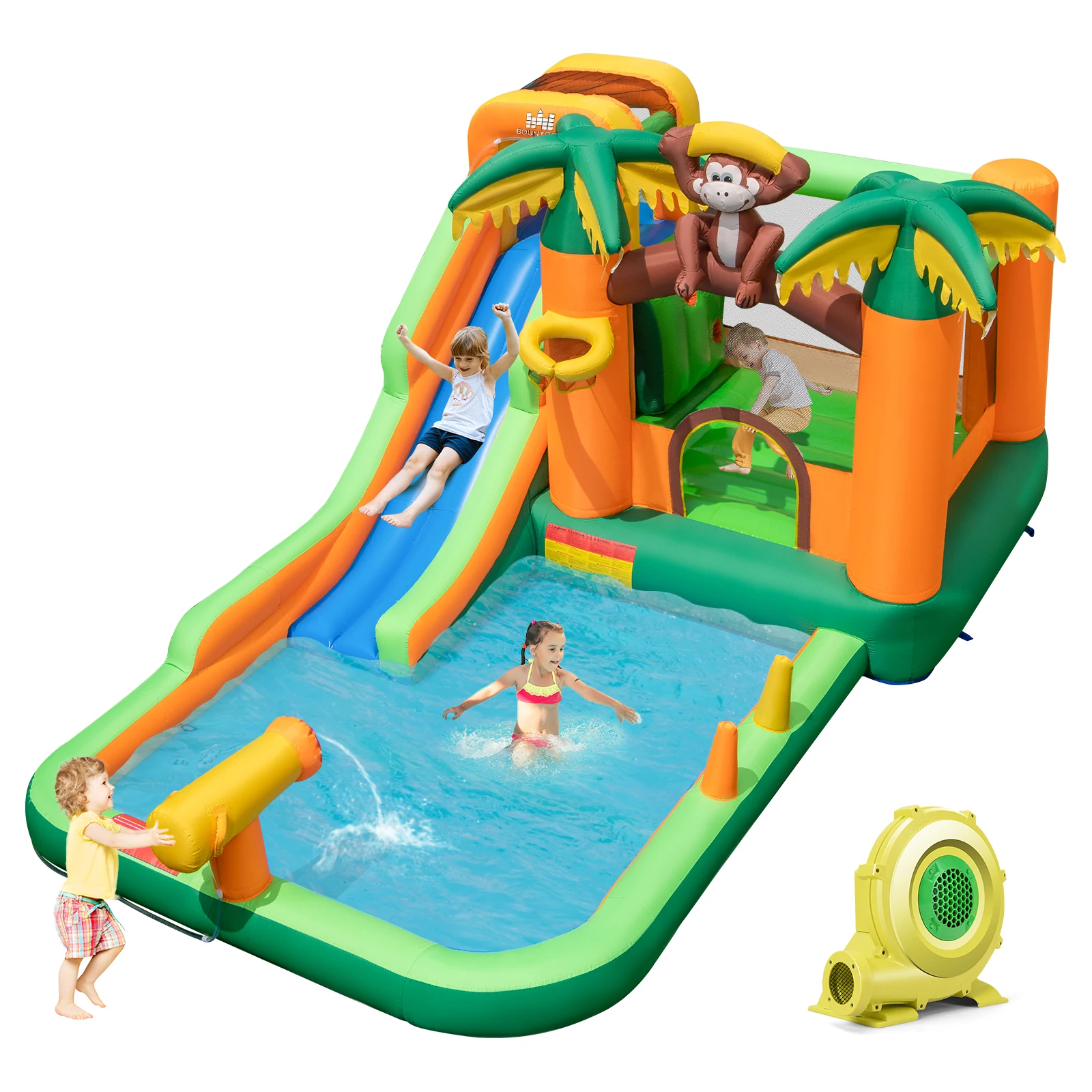 

Inflatable Water Slide Park Monkey Bounce House Splash Pool with 735W Blower