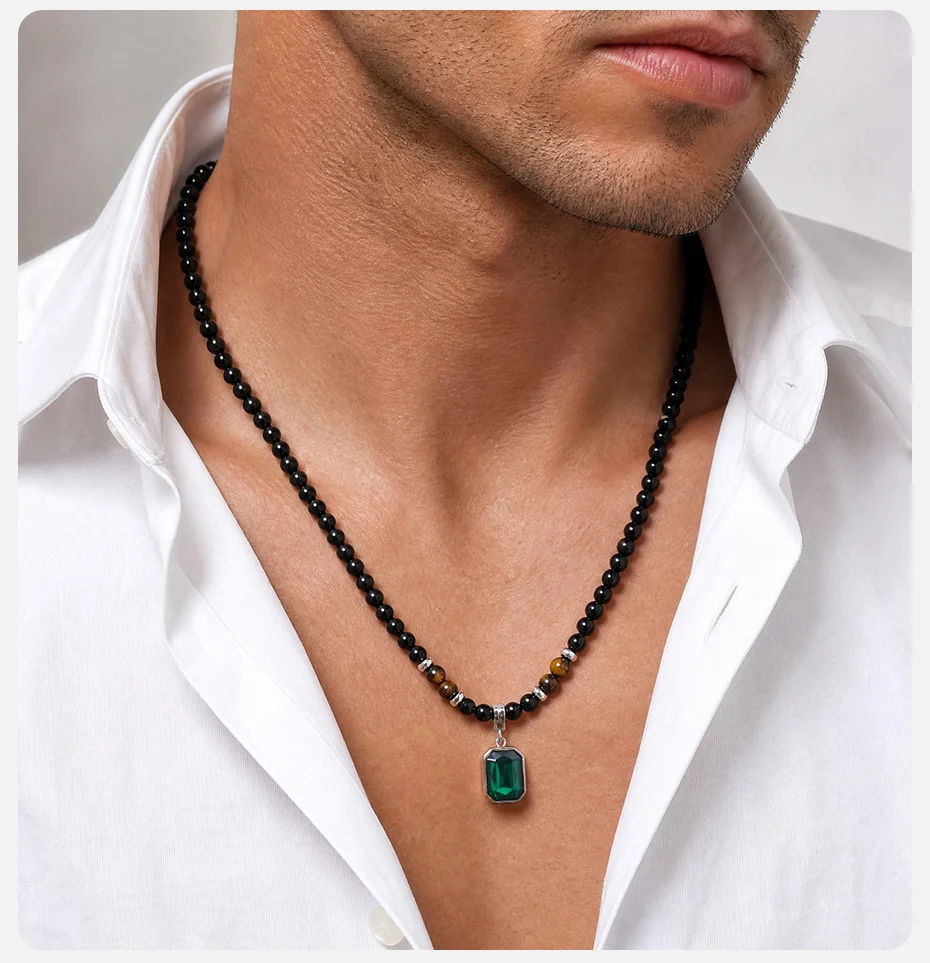 Vnox Herren Perlenkette, Edelstahl Schwarzes Quadrat & Grüner Rechteckiger Glasanhänger, Tigerauge Obsidian Perlenkette Schmuck für Männer – Detail 2