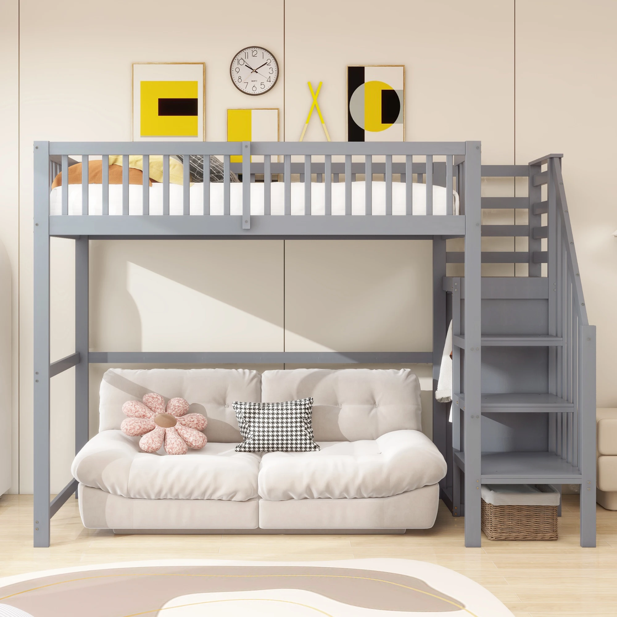 Cama litera infantil de madera KOMHTOM de 90x200 cm con escalera, estante de almacenamiento y armario sencillo