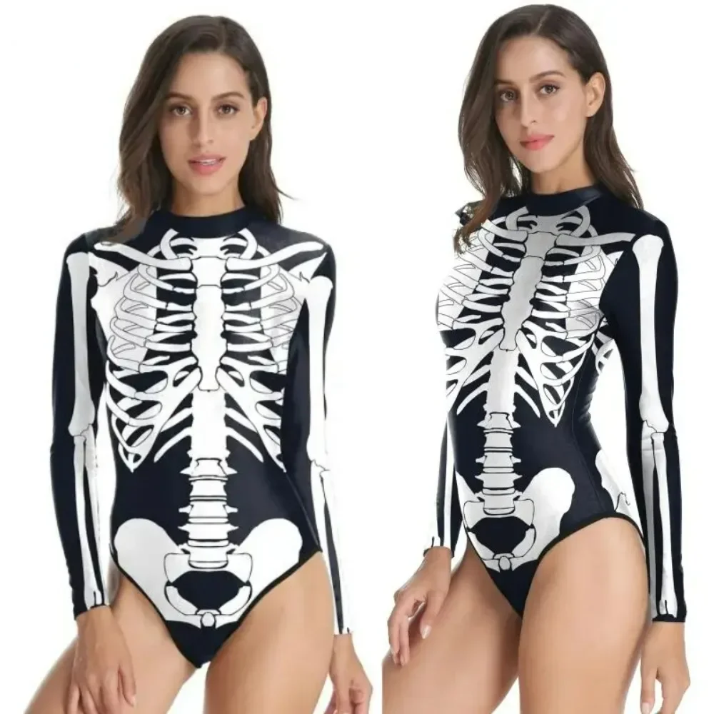 Adult Cosplay Scary Skeleton Printed One piece Swimsuit Halloween Cosplay Party Day Of The Dead Zentai Jumpsuit Rompers