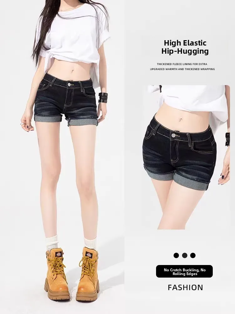 plus Size Sexy American Style Denim Shorts Women's Summer Waist Elastic Slimming Pear Shape Cuffed Hot Pants High Stretch Cot...