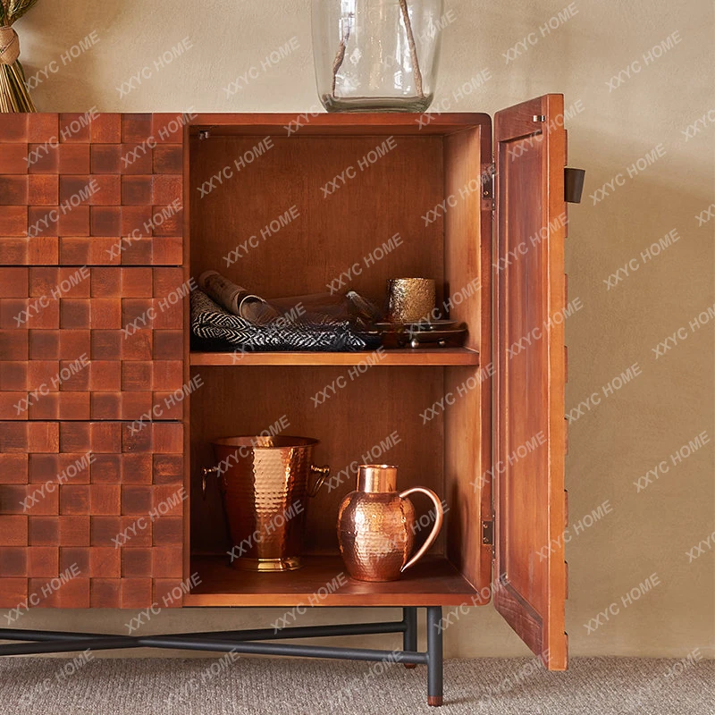 Log Storage Cabinet Vintage Solid Wood Stitching Square Plaid Mid-Ancient Sideboard Cabinet