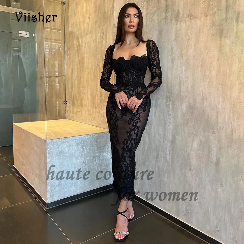 

Viisher Black Lace Mermaid Formal Evening Dresses Long Sleeve Sweetheart Prom Party Dress Ankle Length Formal Evening Gowns