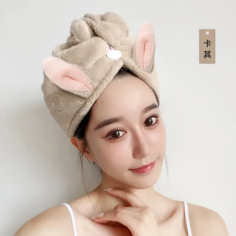 Women Hair Drying Hat Quick-dry Hair Towel 1PC Bunny Ears Coral Fleece Super Absorbent Turban Hair Dry Cap