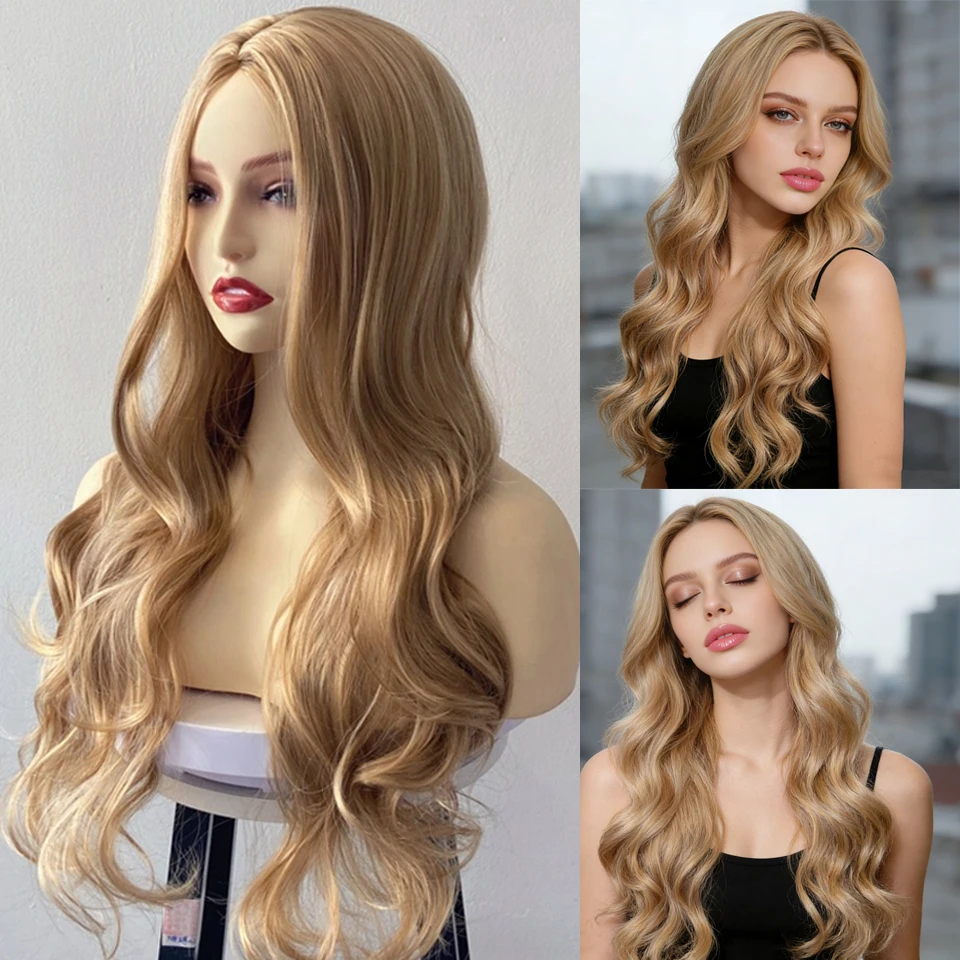 Blonde Synthetic Wigs For Women Soft Long Wave Synthetic Wig Gloden Blonde Heat-Resistant Fiber Cosplay Drag Queen Wigs