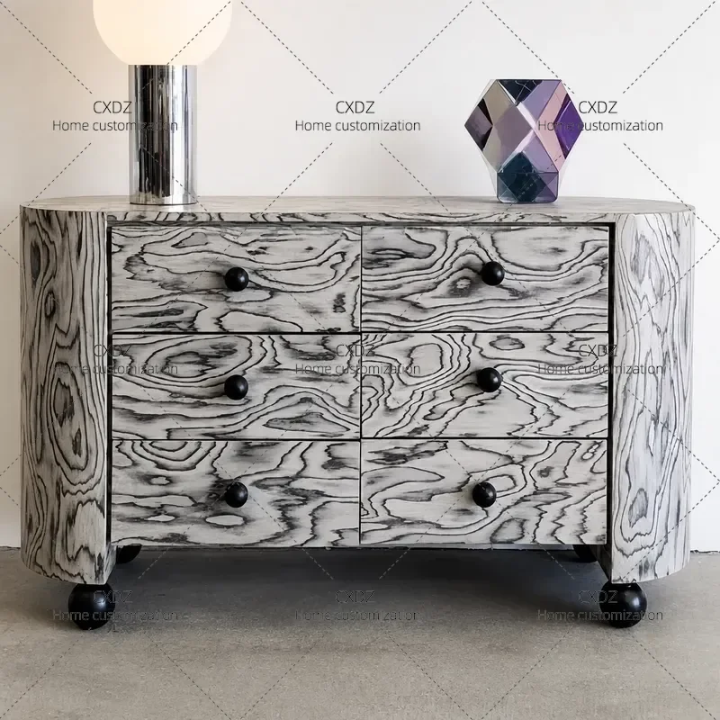 Modern Simple Wood Grain Six Drawer Chest Retro Style Bedroom Living Room Storage Cabinet with High End Black Handles