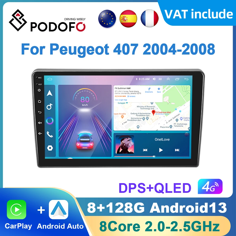 Podofo AI Voice Android Carplay Car Radio For Peugeot 407 2004-2008 Android Auto 4G Multimedia Player GPS Navigation RDS Radio