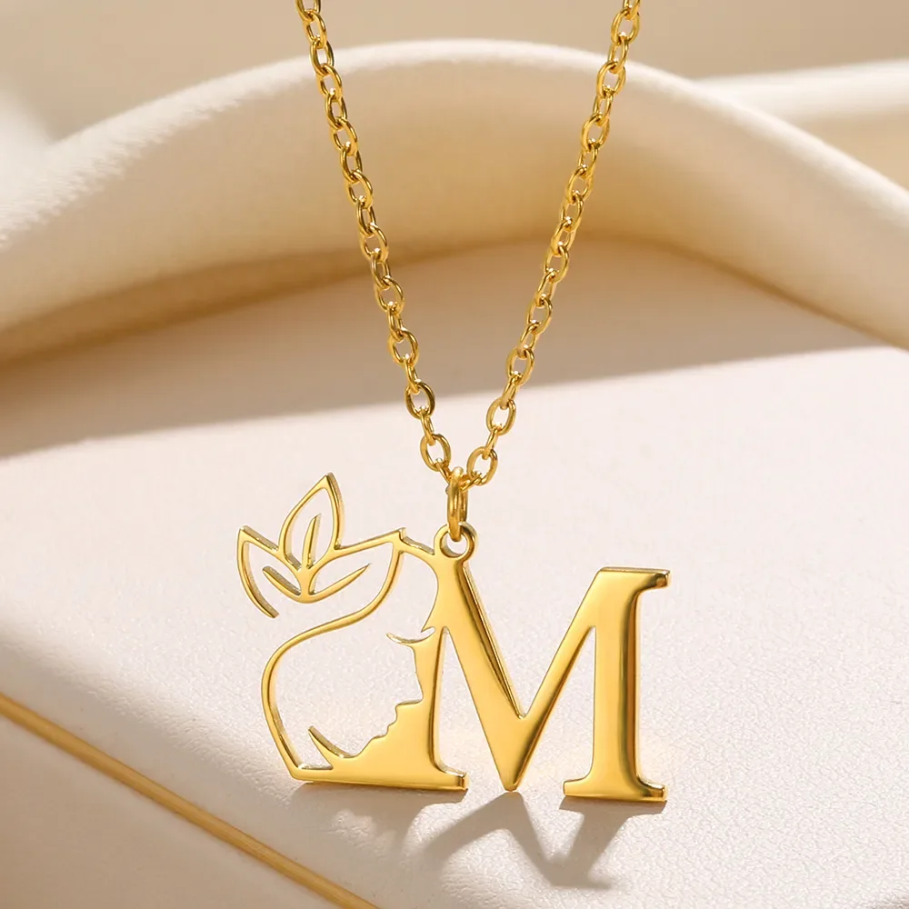 Beauty Flower Initial Necklace Women Girl Gifts Stainless Steel Gold Color Letter Pendant Choker Necklaces Alphabet Jewelry