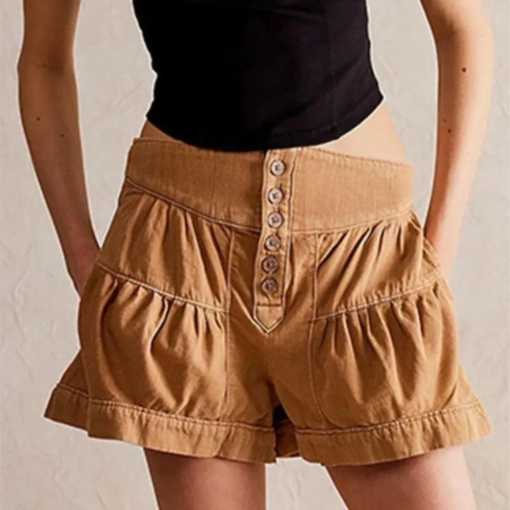 الصيف النساء الجينز أنيقة غسلها الدنيم السراويل عالية الخصر فضفاض الكشكشة التنقل بلون ألف خط زر الديكور كل مباراة