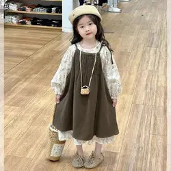 Autumn Set 2024 Spring New Girls Clothing Korean Casual Floral Long Skirt Baby Fashion Bubble Sleeve Cotton Skirt