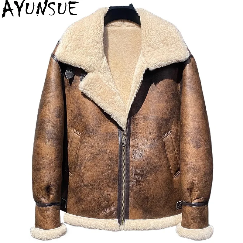 

YOLANFAIRY Genuine Sheepskin Leather Jacket Men Winter Warm Natural Fur Coat Motorcycle Leather Fur Jackets Chaquetas Hombre